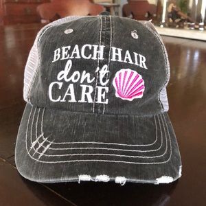 NWT “Beach Hair don’t Care” baseball style hat OS Black denim, gray mesh